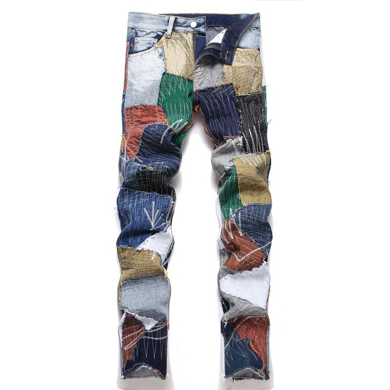New Style Retro Fashion Stitching Patchwork Mens Straight-leg Non-stretchy Denim Jeans Mid-waist Casual Mens Pants 3843