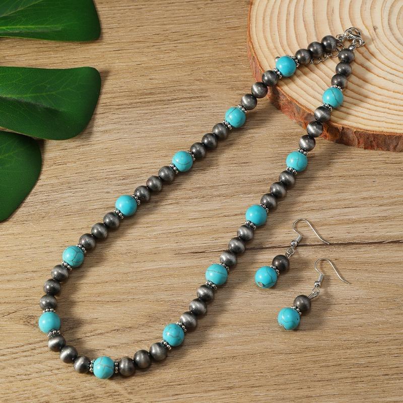 New Earrings Necklace 2-piece Fashion Turquoise Beaded Women's Earrings Necklace Chain