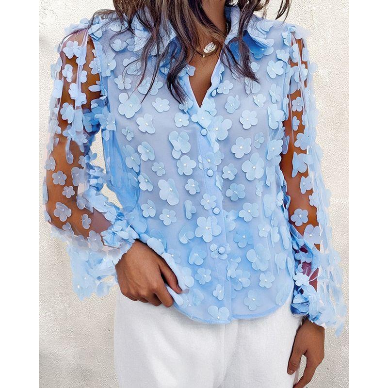 

Mesh Lantern Sleeve Shirt Foreign Trade Light Blue Three-dimensional Flower Perspective Mesh Lantern Sleeve Shirts Light Blue XL