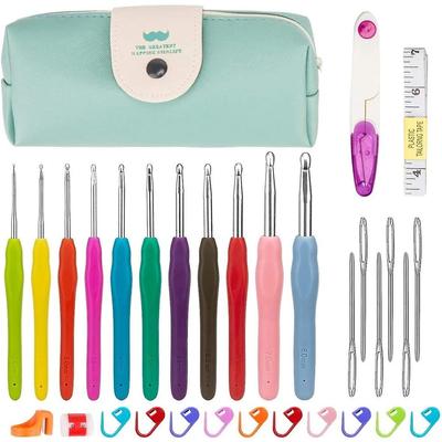 Crochet Hook Set Colorful Ergonomic Soft Rubber Comfort Grip Crochet Hooks Household Tool with Portable Bag (Green)