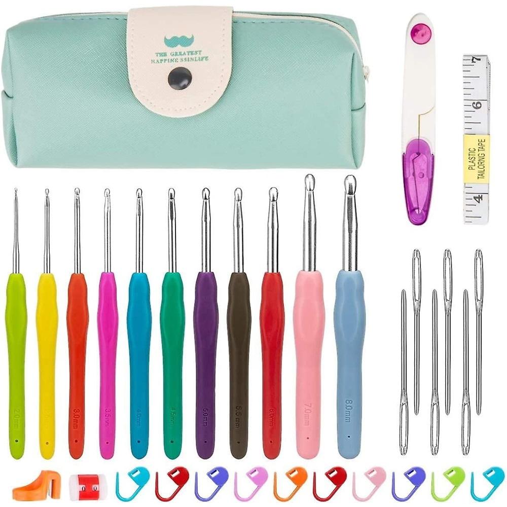 Crochet Hook Set Colorful Ergonomic Soft Rubber Comfort Grip Crochet Hooks Household Tool with Portable Bag (Green)