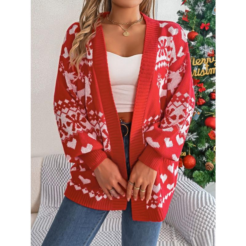 Autumn and Winter Christmas Fawn Pocket Sweater Jacket, Warm and Elegant Loose Ladies Long-sleeved Knitted Cardigan