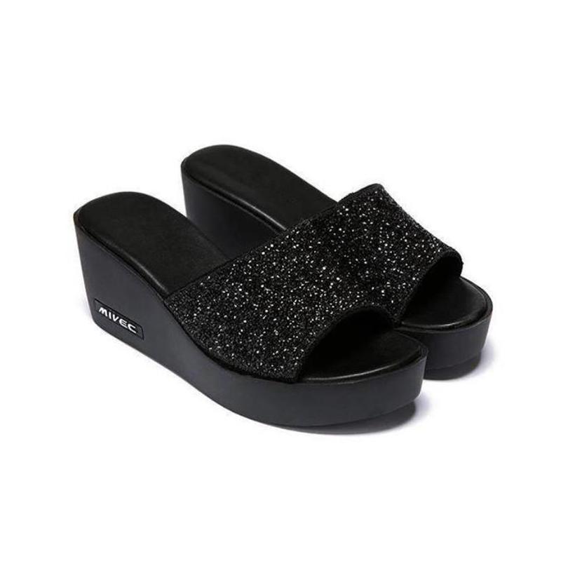 Vêtements d'extérieur Sandales compensées pour dames à semelles épaisses Tongs à talons hauts Chaussures à plateforme Sandales à talons hauts à bouche de poisson à paillettes noires