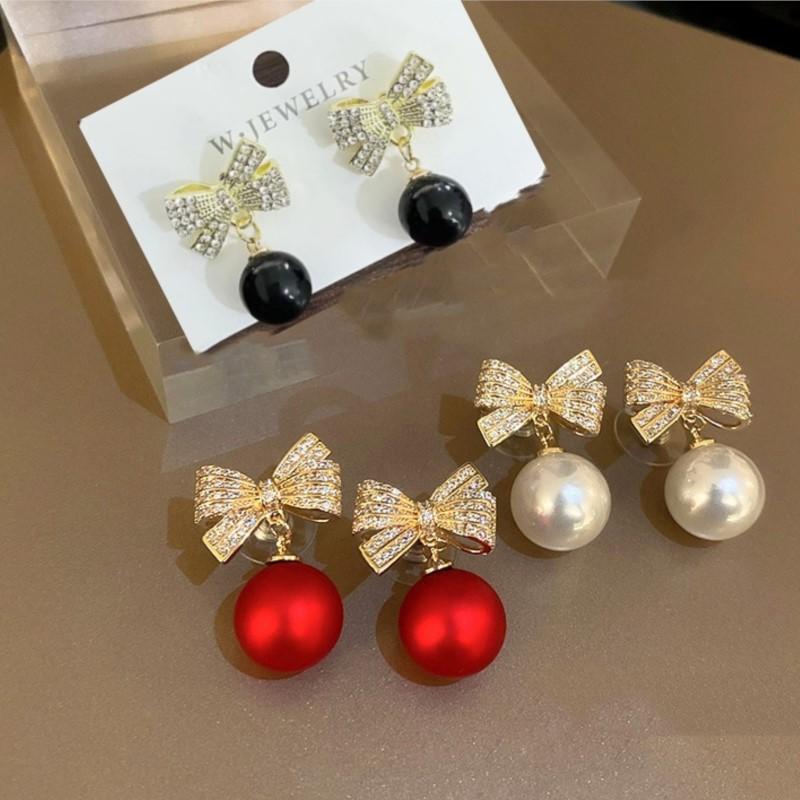 Sparking Zircon Bowknot Shape Stud Earrings for Women Trendy Temperament Round Pendant Drop Earring Party Jewelry Gifts