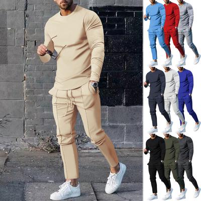 Herren-Zweiteiler: Rundhals-Langarm-T-Shirt und Hose Einfarbiges lässiges Herrenensemble
