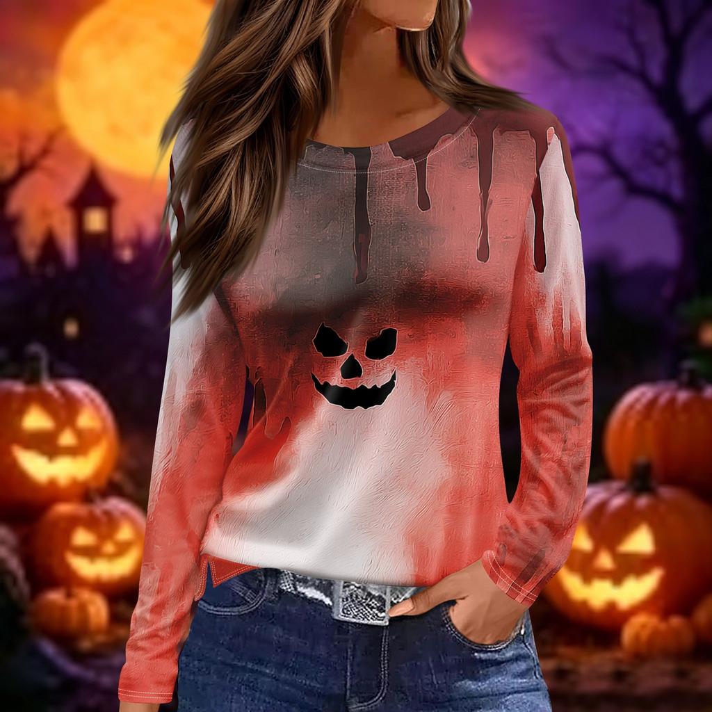 Women's Halloween Print Long Sleeve Round Neck Top with Split Hem
