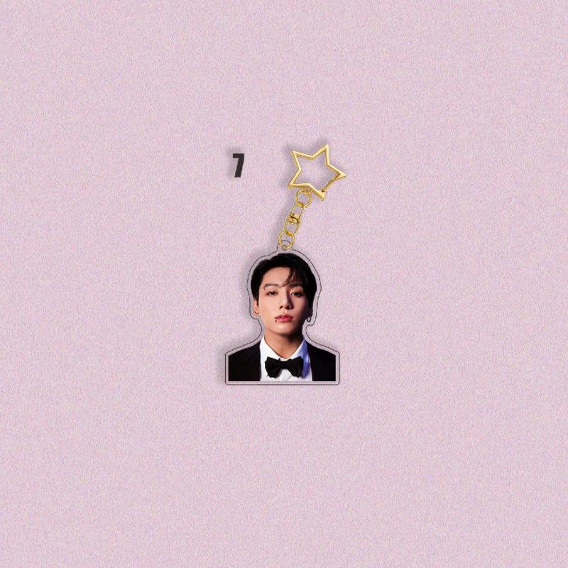

BTS Formal Suit Photo Acrylic Keychain, Bangtan Boys Real Photo Cutout Keyring with Gold Star Charm, Kpop ARMY Fans Bag Pendant JUNGKOOK