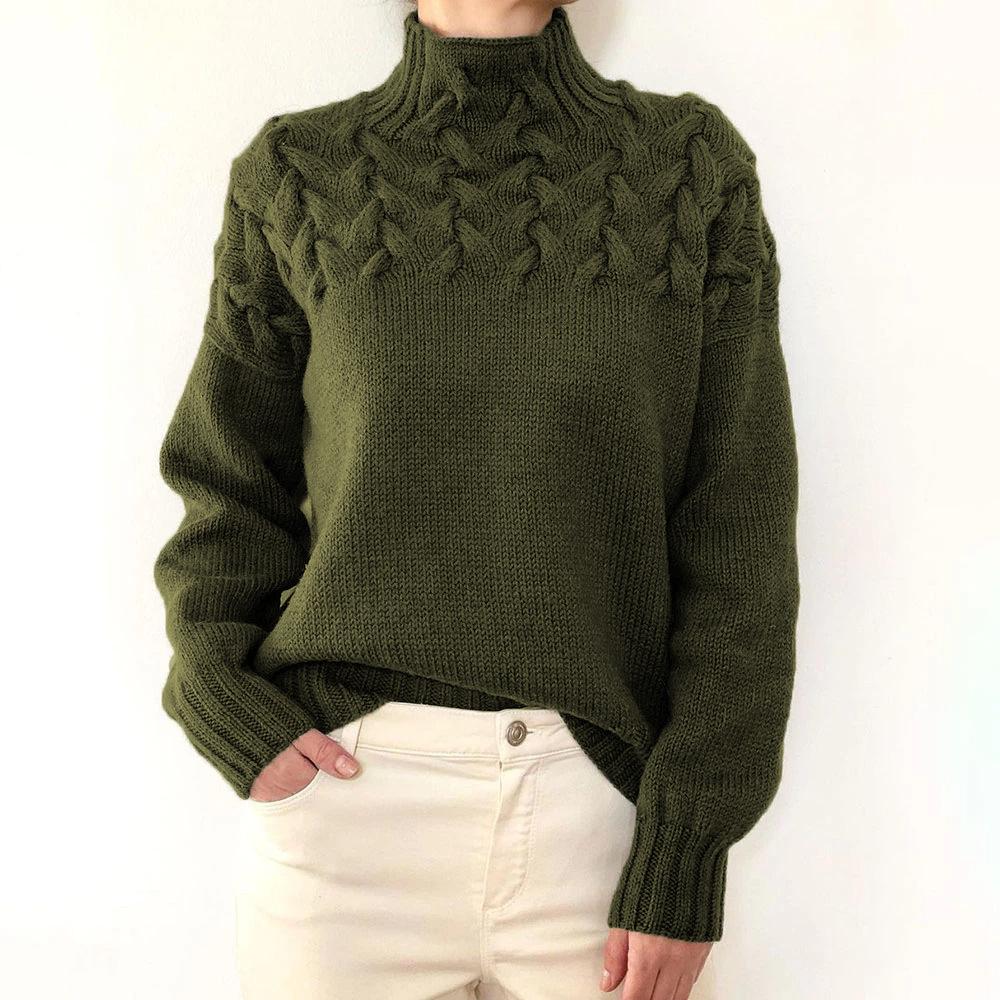 Damen Pullover mit Zopfmuster, hohem Kragen und langen Ärmeln