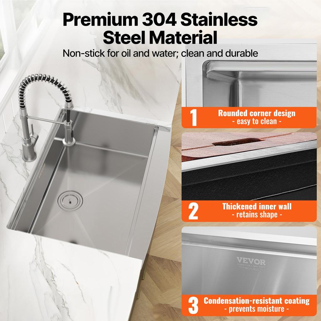 VEVOR Farmhouse Kitchen Sink, 304 Stainless Steel Drop-In Sinks, Top Mount Single Bowl Basin with Ledge & Accessories