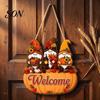 Natural Hemp Rope Hanger Autumn Pumpkin Gnome Welcome Sign for Front Door, Rustic Wood Hanging Wooden Door Decor Ornament with Fall Harvest Home Porch