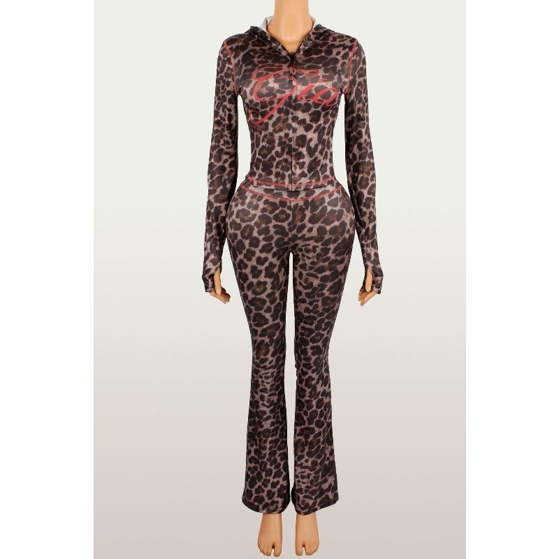 

women s Leopard Print Zip Up Hooded Long Sleeve Crop Top Flared Pant 2 Piece Streetwear Tracksuit Outfit XS цветной печати леопарда
