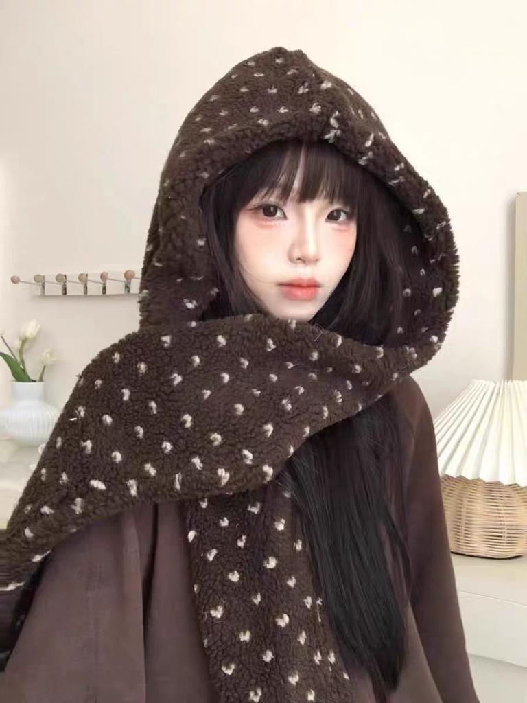 Korean Atmosphere Hat and Scarf Integrated Women's Autumn and Winter Thickened Warm Plush Hooded Scarf Two-piece Set Windproof and Cold-proof
