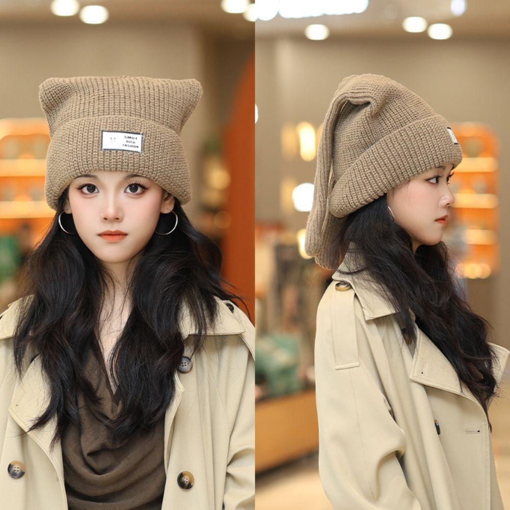 Windproof Women's Beanie Cap Long Rabbit Ears Women Knit Beanie Cute Ribbed Knit Cap Autumn Winter