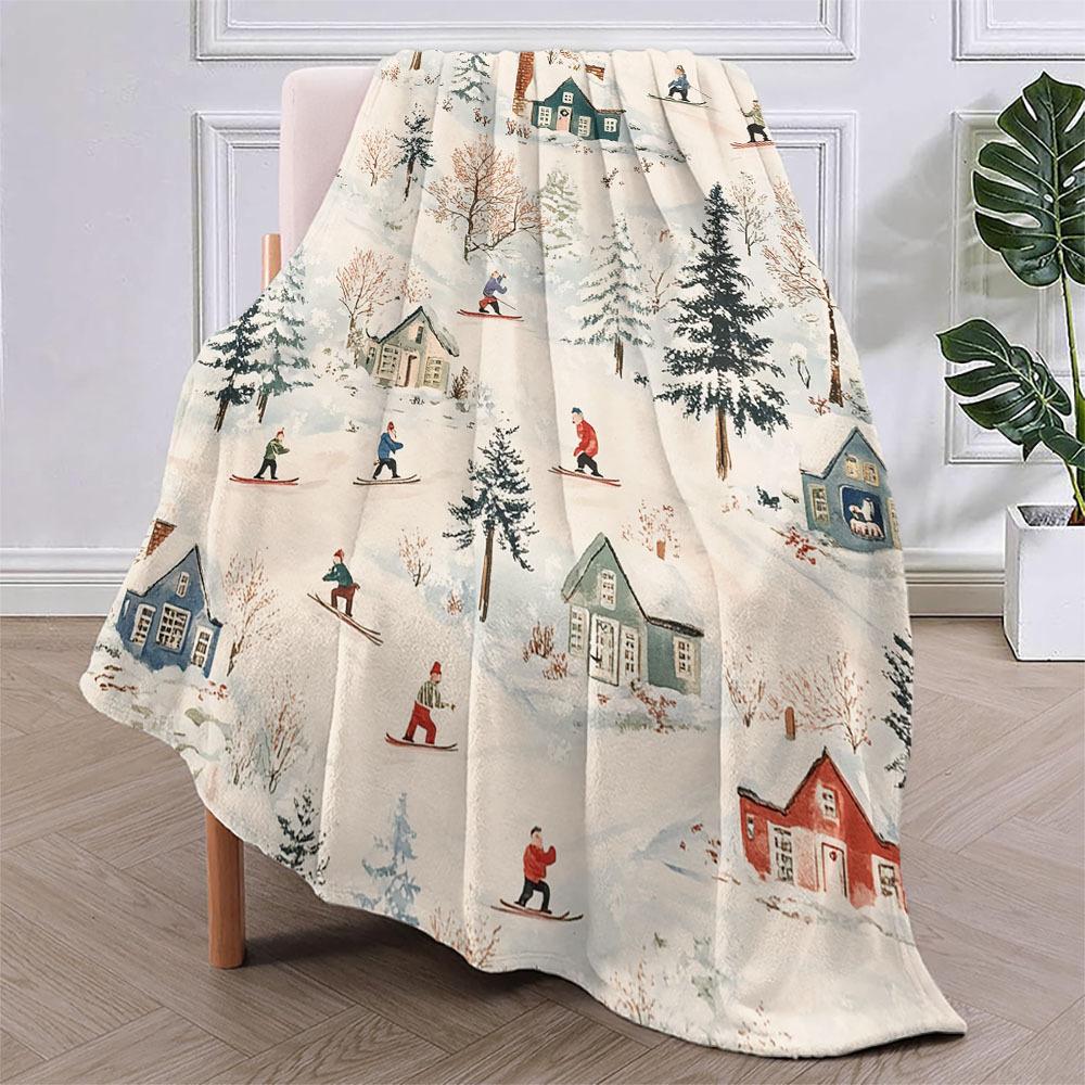 Winterhütte Ski Flanelldecke - 100% Polyester Digitaldruck | Hypoallergen | Ganzjahres Bett-/Reise-/Camping-Überwurf