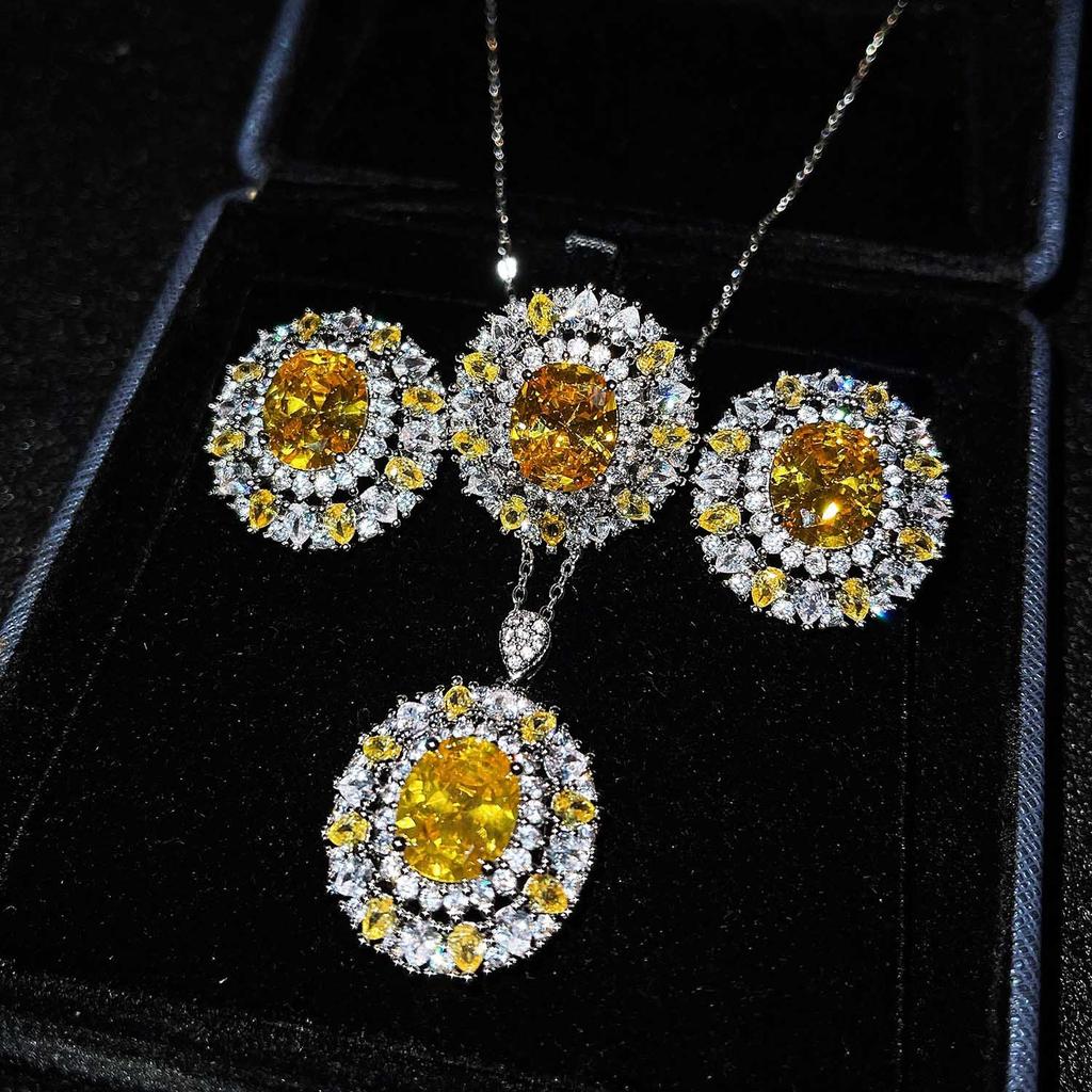Boho Style copper Color Zircon Sets For Female Yellow Zircon Full Stone Necklace Ring Earrings Bridal Wedding Banquet Accessory