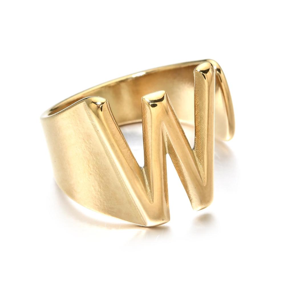 18K Gold Stainless Steel Letter Ring – Fashionable Open European & American Style, Women's Adjustable Titanium Steel Ring