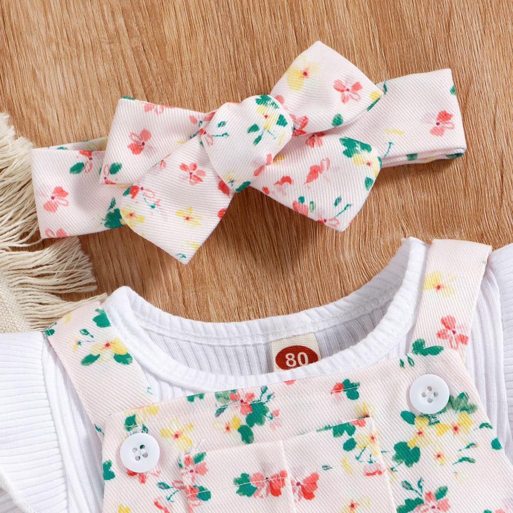 Toddler Girls Short Sleeve Top with Floral Print Overalls and Matching Headband Set Soft Fabric Comfortable Fit Summer Outfit