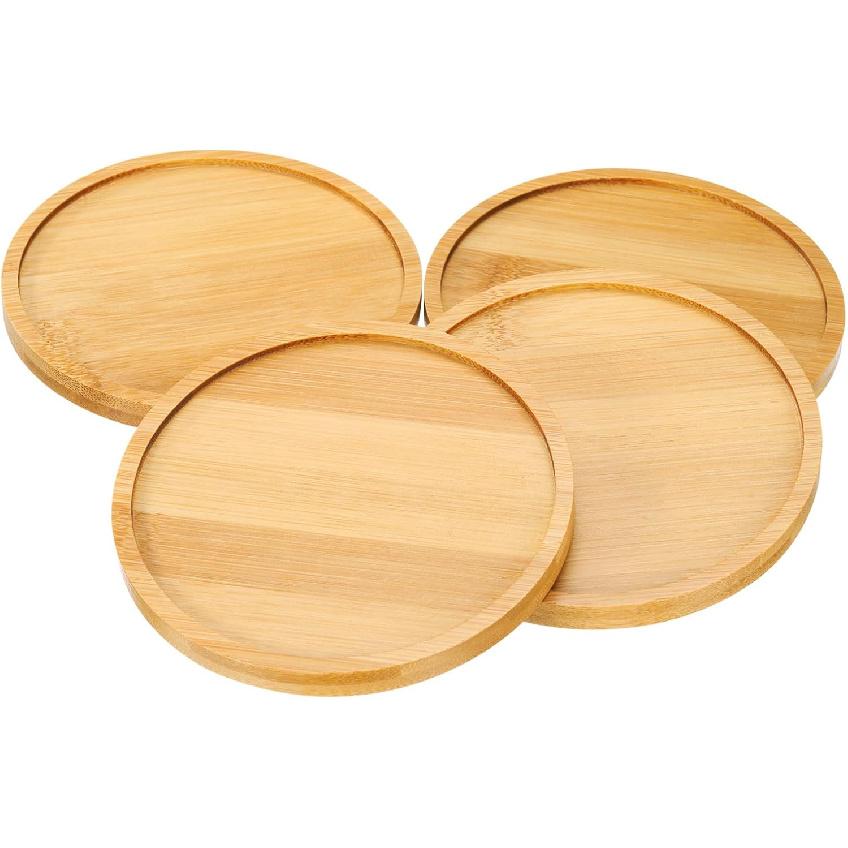 uxcell 4PCS Mosaic Bamboo Coasters, 3.7 Inch Blank Base Trays, Round Drinking Cup Coaster, Wooden Drinks Coasters for Coffee Table Dining Table
