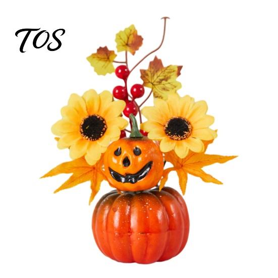 Artificial Sunflower Fall Decor Pumpkin Centerpiece, Fake Foam with Maple Leaves, Sunflower, Halloween Floral Centerpiece Berries, Rustic Farmhouse A