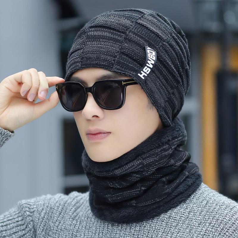 

Мужская зимняя шапка из толстой плюшевой шерсти: Теплый трикотаж в корейском стиле для активного отдыха и езды на велосипеде Elastic Scarf and Hat Set