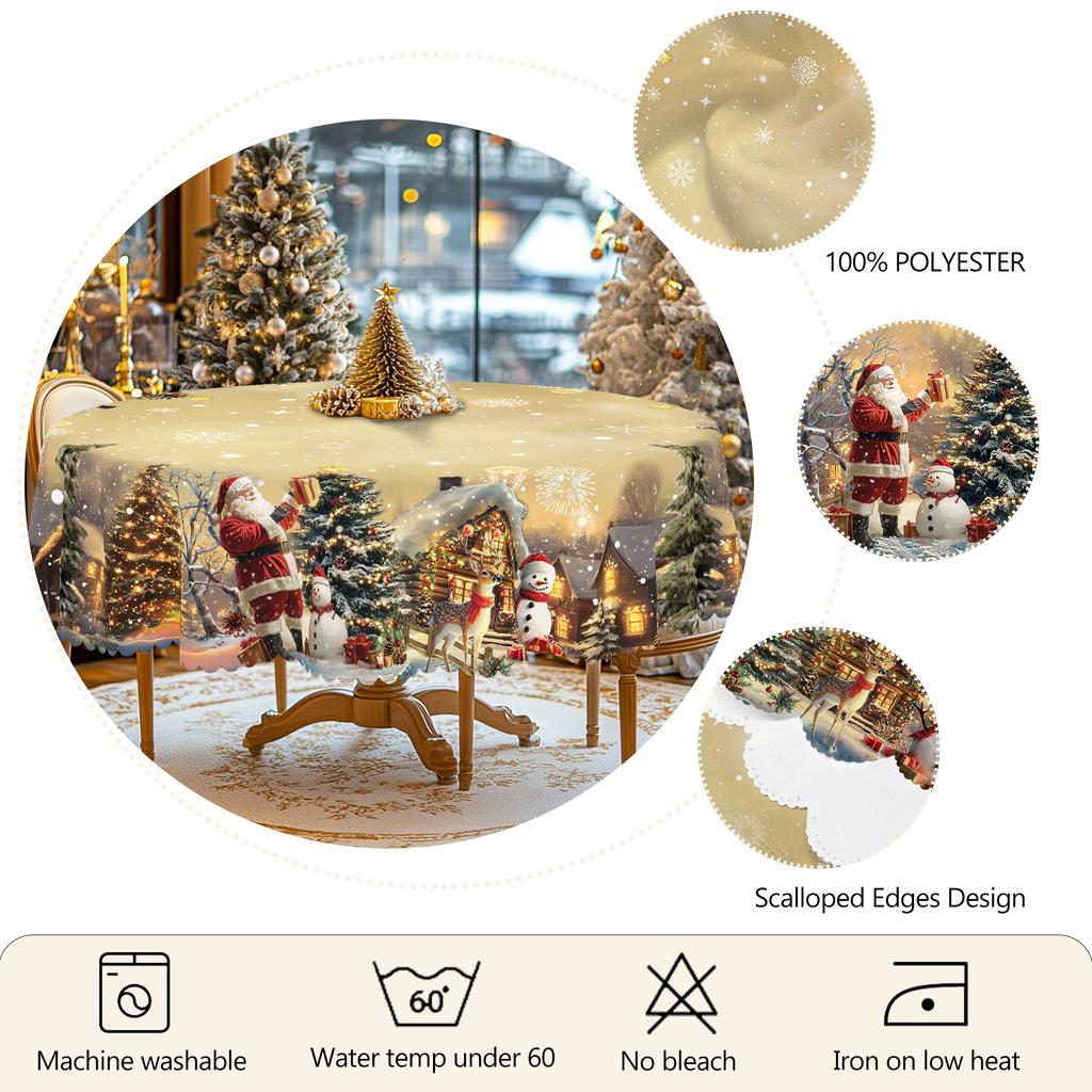 1 Stück weihnachtlich bedruckte Tischdecke mit Golddruck, Vintage-Stil, mit Designs von Weihnachtsmann, Schneemännern, Bauernhaus und Weihnachtsbaum, geeignet für
