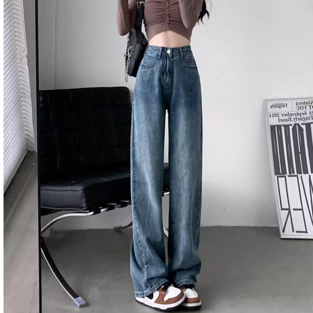 2024 Wide-Leg High-Waisted Black Jeans for Pear-Shaped Women - Spring/Autumn Floor-Length, Slimming Drape Effect