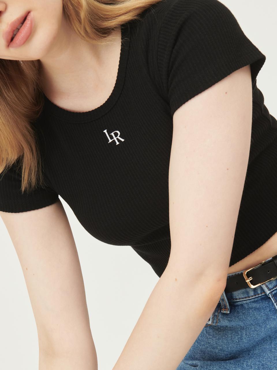 Rosiro Logo Ribbed Crop Half Sleeve T-Shirt [Black] Free