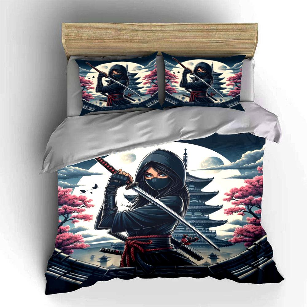 Ninja, Katana, Pagoda, Cherry Blossoms. Bedding Sets Duvet Cover Sets Duvet Covers Pillowcases(1*Duvet Cover 2*Pillowcases Without Duvet Insert)
