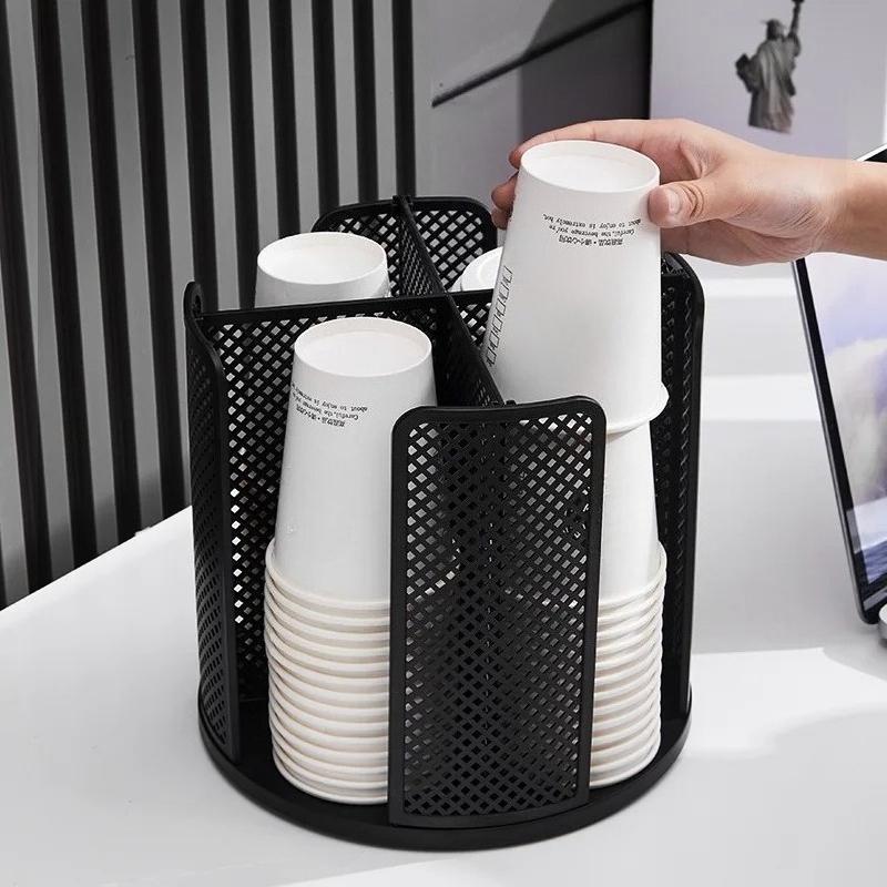 Rotatable Plastic Cup Storage Organizer 360°Dispenser 4 Compartment Cups and Lids Holder Detachable Desktop Coffee Cup Dispenser
