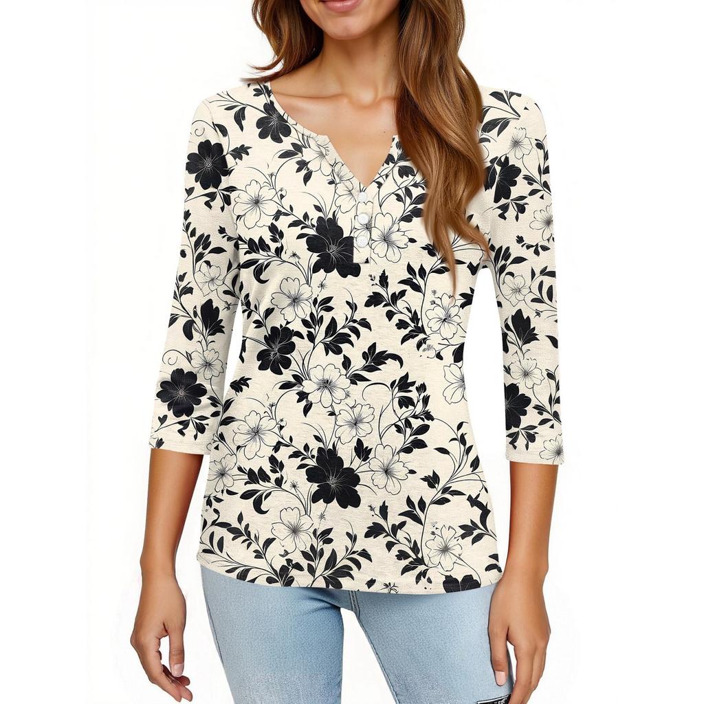 Dámské tričko s potiskem, knoflíky, 3/4 rukávy, pro každý den, na víkend, módní, základní, s výstřihem do V, běžný top