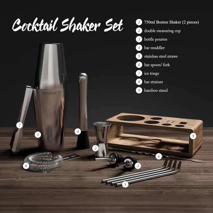 Kit cocktail - vinenco - shaker boston 750 ml - 10 pezzi - acciaio inox spazzolato - elegante cofanetto regalo