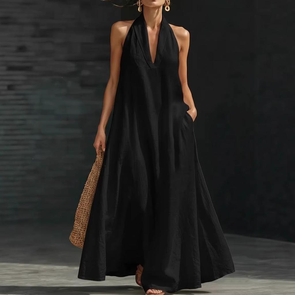 European and American new summer women's casual solid color V-neck dress skirt