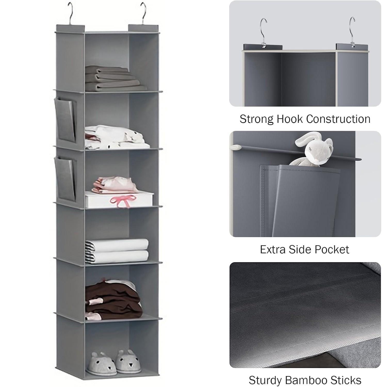 

Hanging Closet Organizer and Storage, Foldable 6-Shelf Closet Hanging Storage Shelves with 2 Hooks for Shoe Cap Clothes Pants 6 світло-сірого кольору