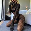 Women Sexy Leopard Hollow Out Mesh Bodystocking Fishnet Lingerie Long Sleeve See Through Bodysuit Jumpsuit Nightwear