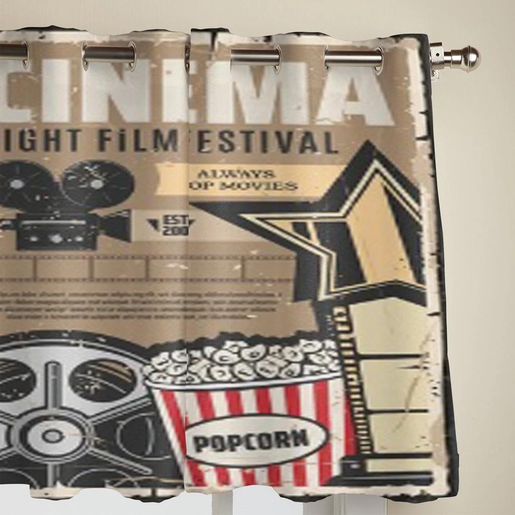 Plakat Retro Filmowy Kino Popcorn I Kamera Nowoczesne Zasłony Okienne Draperia Do Kuchni Salon Sypialnia Dekoracja Zasłony
