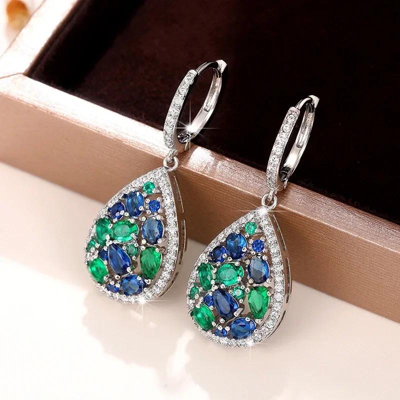 Bright Blue/Green Cubic Zirconia Drop Earrings For Women Chic Design Wedding Bride Ear Accessories Party Fashion Jewelry
