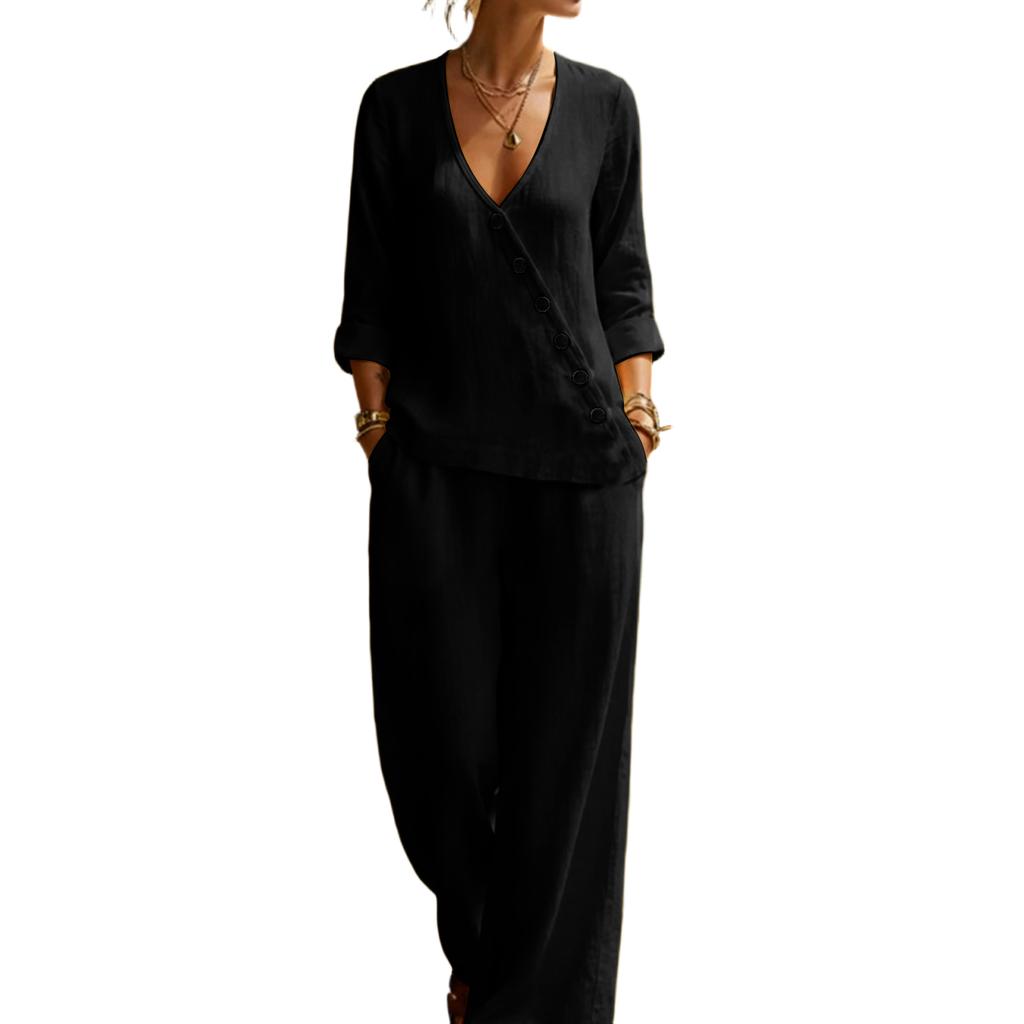 Conjunto Feminino de Duas Peças Blusa com Botões e Decote em V com Calça de Perna Larga Caimento Solto Roupa Casual Adequada para o Dia a Dia