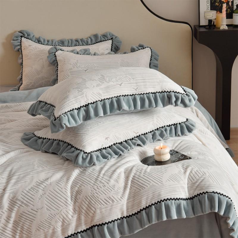 Winter Thick Milk Fleece Bedding Set French Lace Duvet Cover Sheet Coral