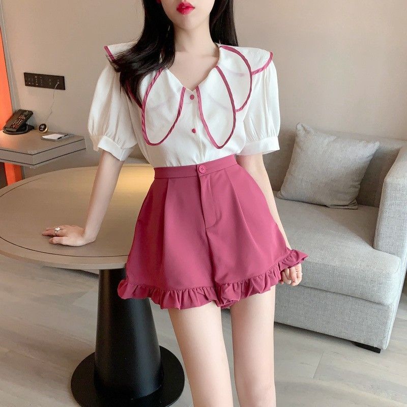 

Шорты с краем листьев лотоса, женские, с краем грибка, летний повседневный свободный костюм, широкие брюки, корейская версия, студенческие плиссированные брюки XL