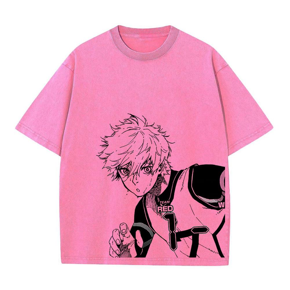 Anime Blue Lock Wash Tshirts Men Vintage Washed T Shirt Harajuku Oversize Cotton Tee Cotton Fashion Streetwear  Top