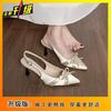2025 spring and summer new pointed head thin heel French bow high heel single shoes fashion bag head sandals women's summer wear