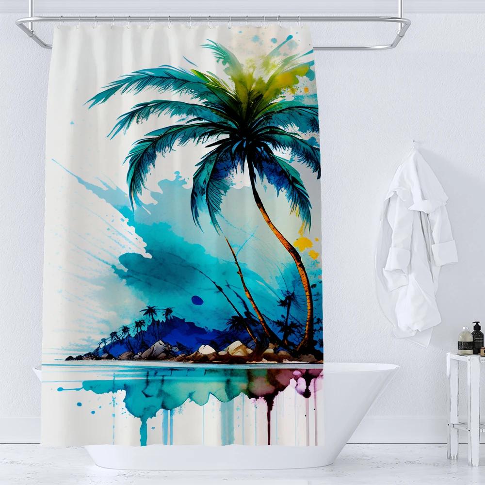 36x72 Inch Seaside Scenery Shower Curtains Beach Coconut Tree Bath Curtains Waterproof Shower Curtain Bathroom Decor with Hooks