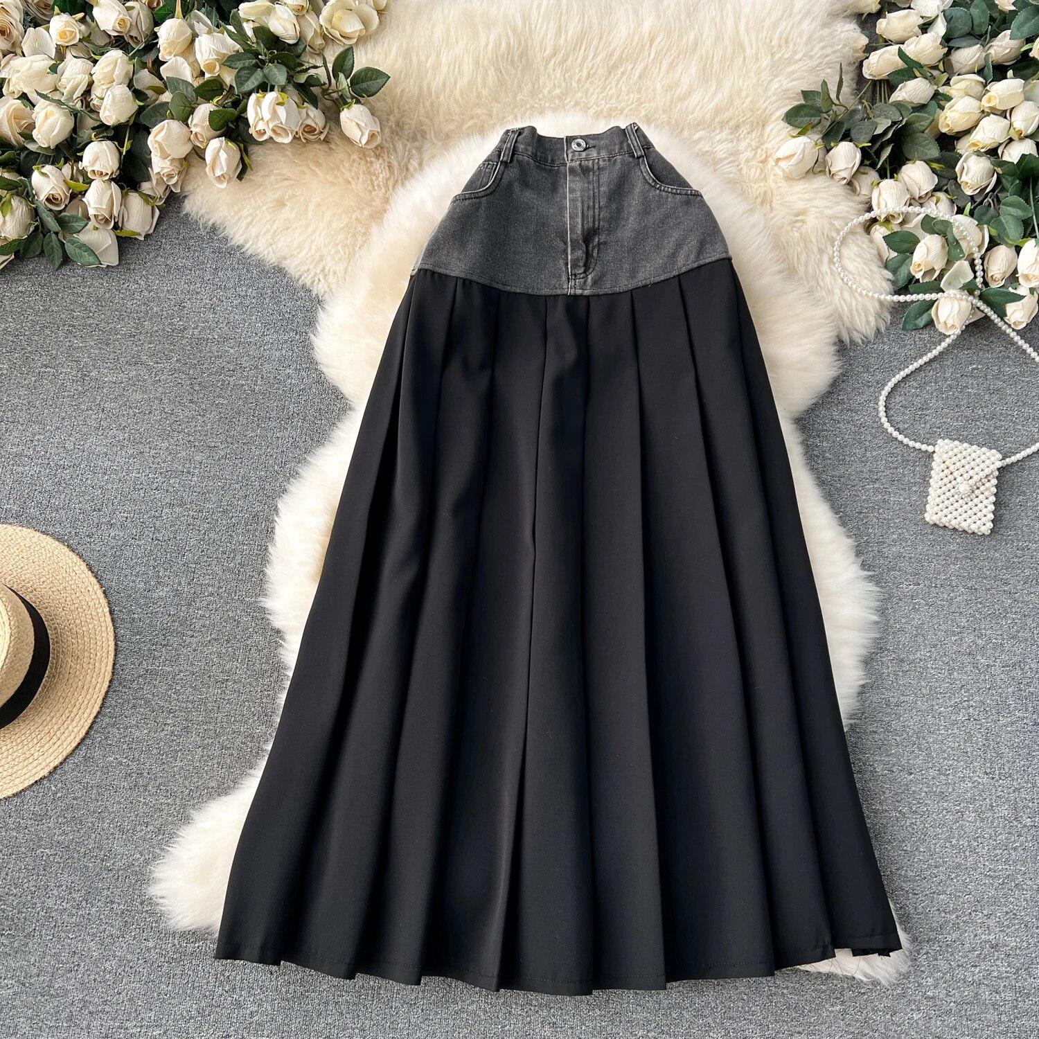 

Джинсовая юбка, женская дизайнерская контрастная цветная лоскутная длинная плиссированная юбка с высокой талией, утягивающая юбка трапециевидной формы с высокой талией One Size древесный уголь/серый