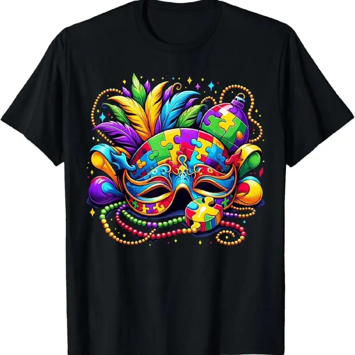 Mardi Gras Autism Awareness Mask Feathers Puzzle T Shirt S