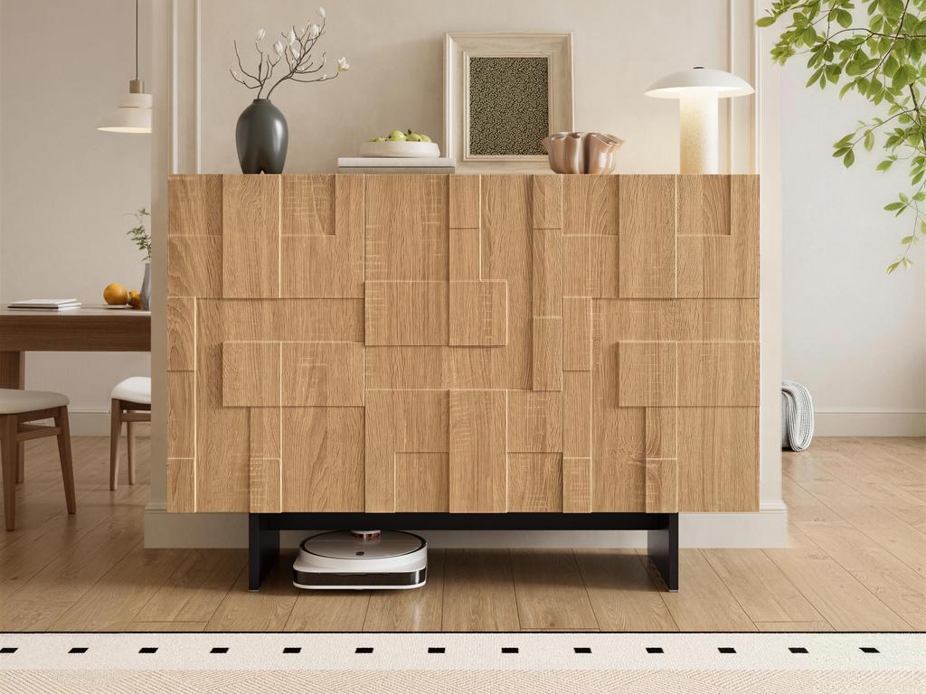 Credenza Moderna Francese con Frontale Strutturato Geometrico, 3 Ante e Ripiani Regolabili, Aspetto Legno Naturale + Nero, 105 × 33.5 × 76 cm.