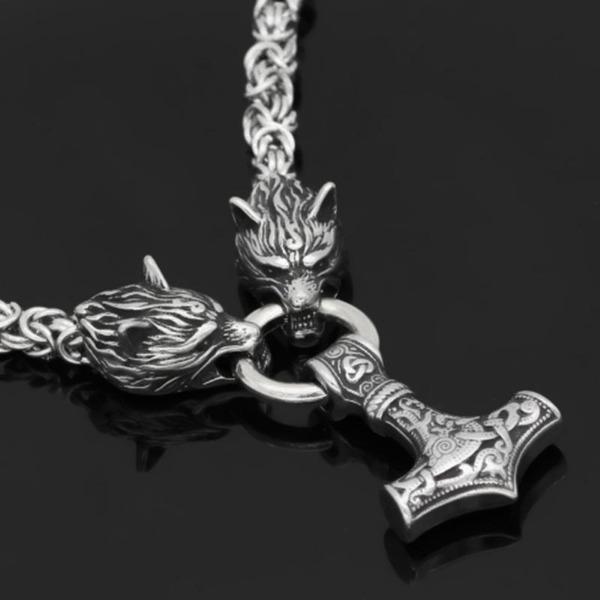 Erkekler Kurt Kafası İskandinav Viking Muska Thor Çekiç Kolye Kolye Zinciri