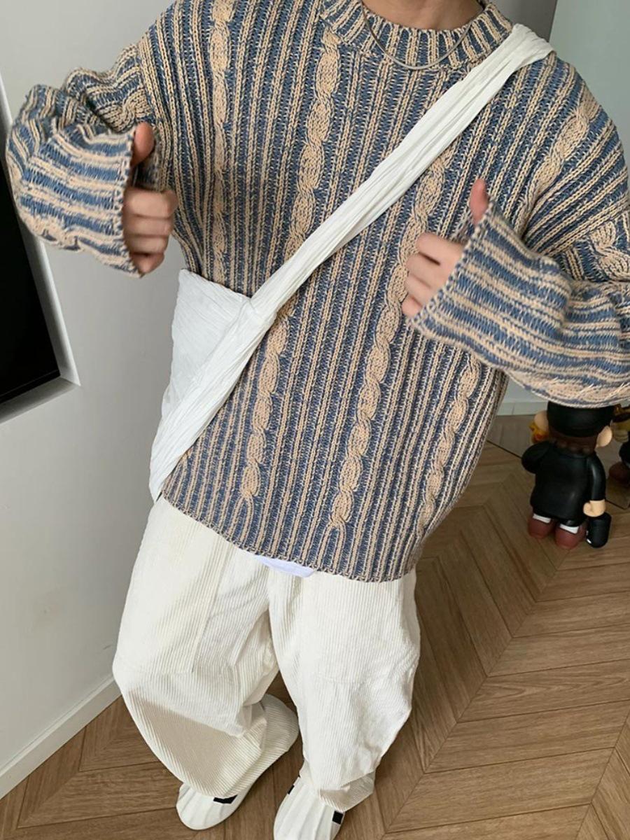 

Мужской свитер Cleanfit в стиле ретро с круглым вырезом контрастного цвета - осень/зима в корейском стиле XXL