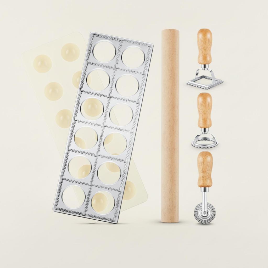 5 Pieces Wood and Stainless Steel Pasta Tool Set Wooden-Handled Board with