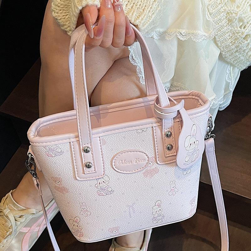 Textured Bucket Bag Women's New Cartoon Printed Portable Shoulder Bag Fashionable Splicing Commuter Messenger Bag