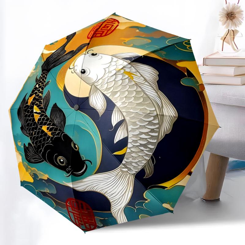 1pc Sturdy 8-Bone Auto Umbrella, Koi Fish Umbrella, Digital Printed, Foldable Umbrella for On-the-Go Outdoor Use